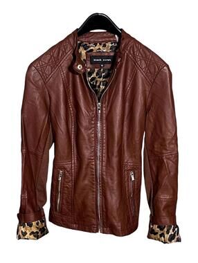 BLACK RIVET Womens (XS) Faux Leather Jacket Deep Brown w/ Leopard Print Lining